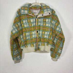 Tularosa Revolve Green with Pink & Blue Plaid Sherpa Zip Up Bomber Jacket Size X